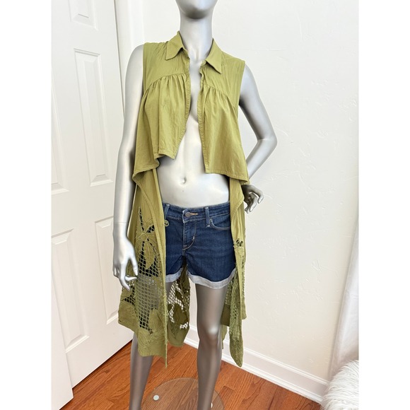 Anthropologie Tops - Anthropologie Marrakech Olive Green Lace Cut Out Cropped High Low Vest Bohemian